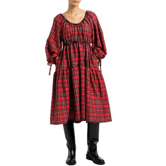 Women Long Sleeve Fall Dress Casual Plaid Print A-Line Party Dress with Pockets for Beach Cocktail Club Streetwear