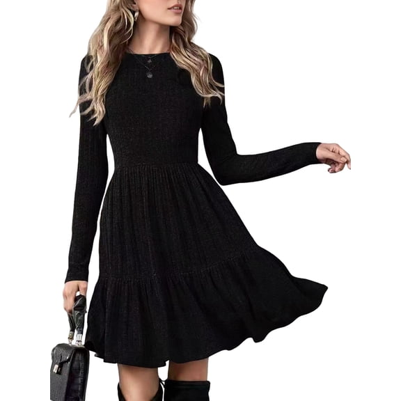 Women Long Sleeve Fall Dresses Flowy Casual Ribbed Knit Crew Neck Knee Length Sweater Dress Black L