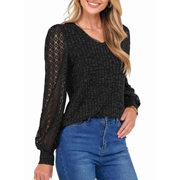 Women Long Sleeve Fall Lace Tops 2025 Fashion V Neck Sweaters Dressy Casual Winter Trendy Outfit Black S