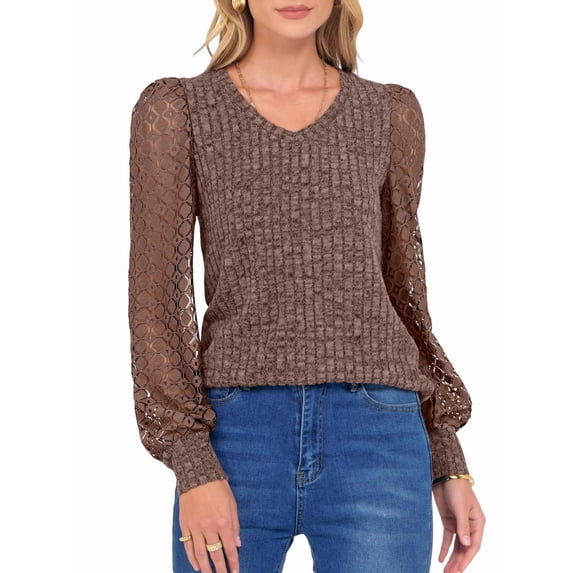 Women Long Sleeve Fall Lace Tops 2025 Fashion V Neck Sweaters Dressy Casual Winter Trendy Outfit Dark Brown S