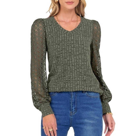 Women Long Sleeve Fall Lace Tops 2025 Fashion V Neck Sweaters Dressy Casual Winter Trendy Outfit Green XXL