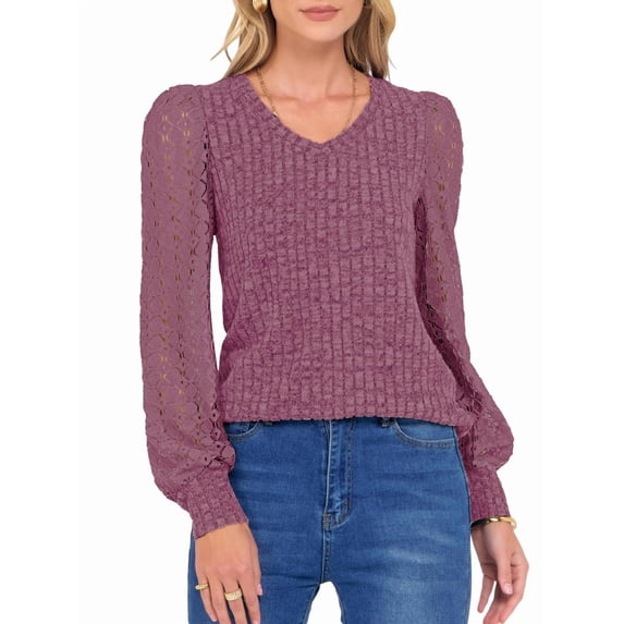Women Long Sleeve Fall Lace Tops 2025 Fashion V Neck Sweaters Dressy Casual Winter Trendy Outfit Pink XXL