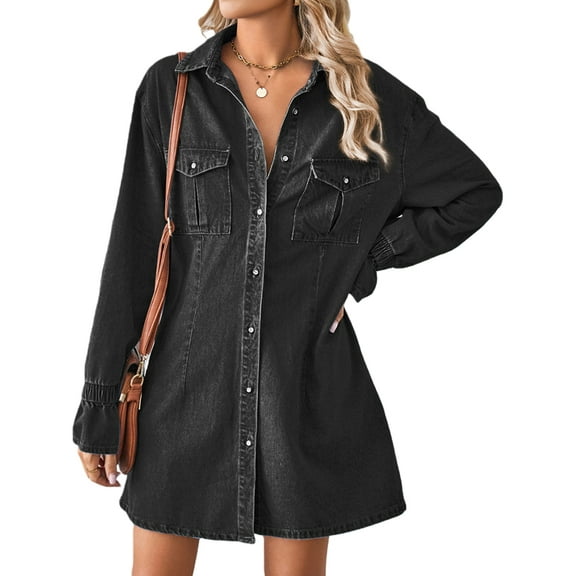 Women Long Sleeve Fall Western Outfit Babydoll Button Down Mini Jean Dresses Trendy with Pockets Black & Gray M