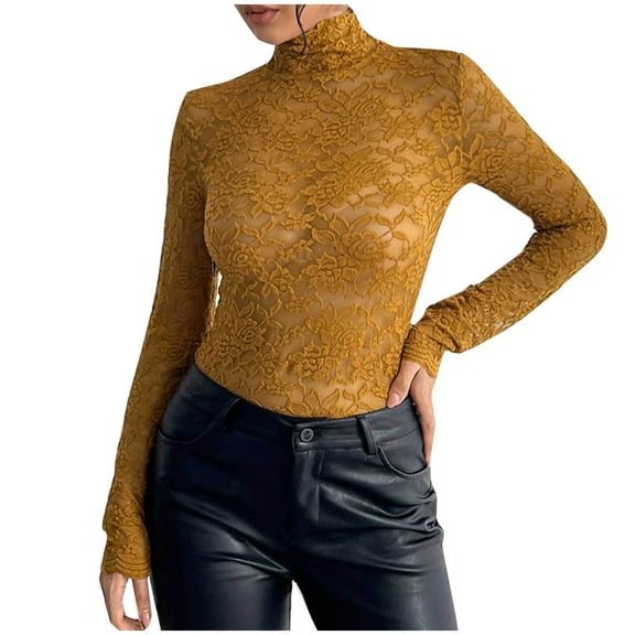 Women Long Sleeve Fitted Tops Mock Neck Floral Lace Sheer Casual Dressy Shirt Stretchy Slimming Basic Comfy Blouse
