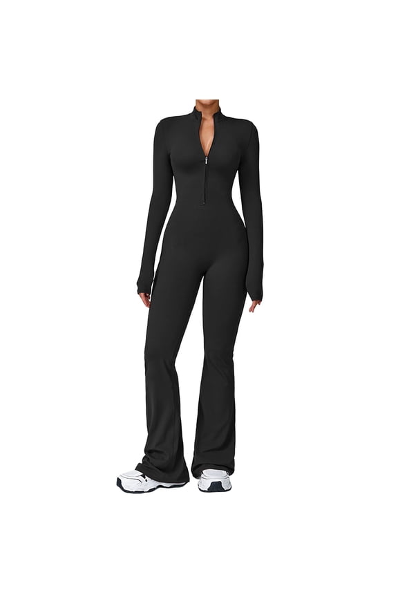 Women Long Sleeve Flare Workout Jumpsuit Zip Up Romper Bottom Pants Wide Leg Bodysuit Bodycon Sexy One Piece