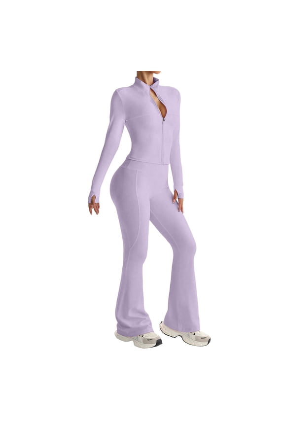 Women Long Sleeve Flare Workout Suit Zip Up Jackets Matching Bottom Pants Wide Leg Pants 2PCS Tracksuits