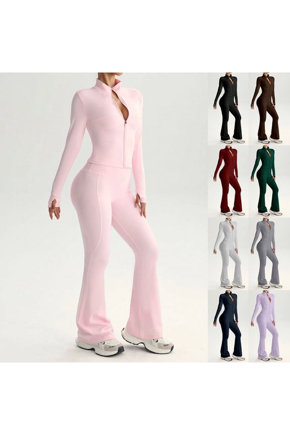 Women Long Sleeve Flare Workout Suit Zip Up Jackets Matching Bottom Pants Wide Leg Pants 2PCS Tracksuits