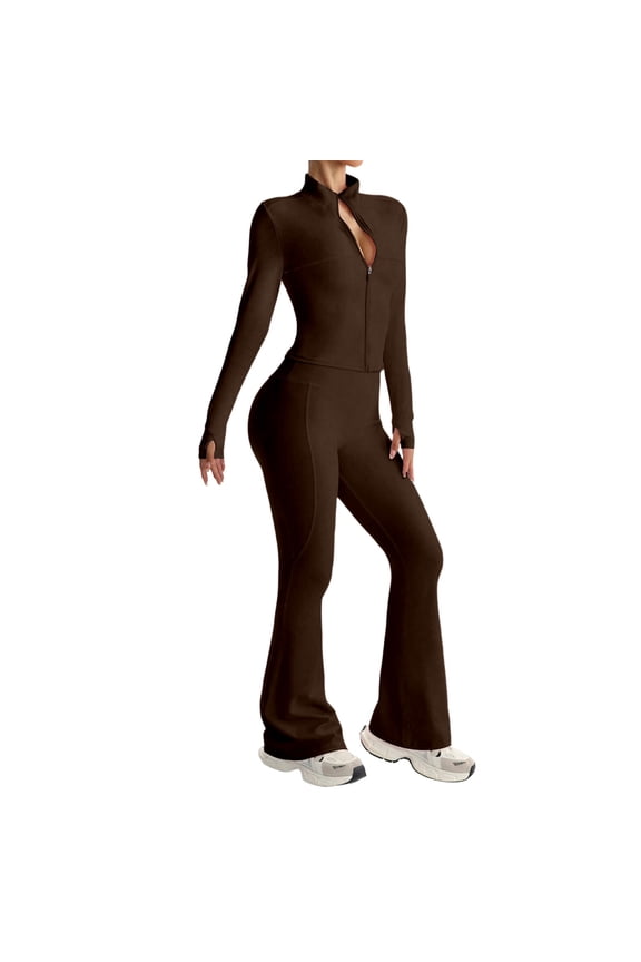 Women Long Sleeve Flare Workout Suit Zip Up Jackets Matching Bottom Pants Wide Leg Pants 2PCS Tracksuits