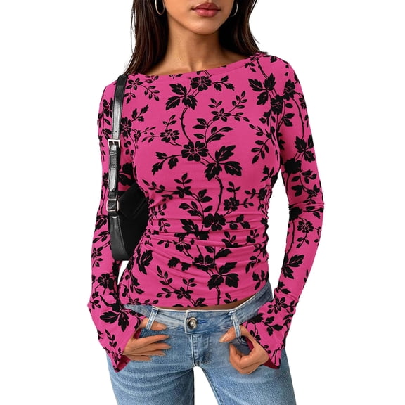 Women Long Sleeve Floral Mesh Tops Blouse Trendy Boat Neck Ruched Fitted Shirt Going Out Outfits Peach Pink M