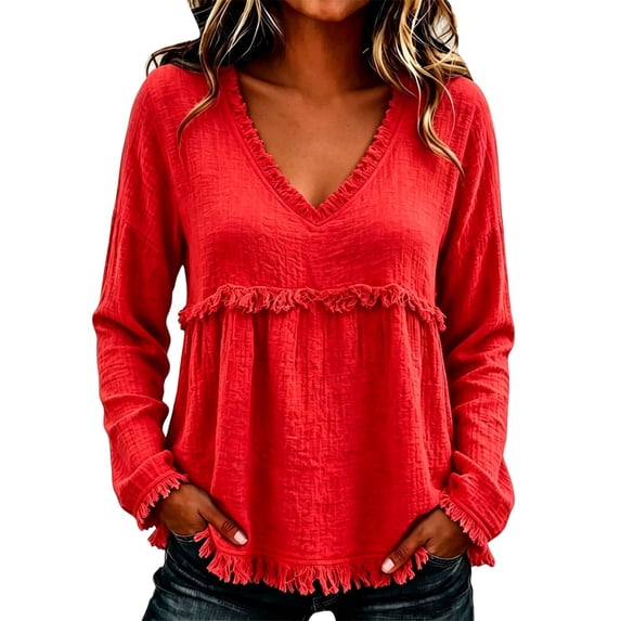 Women Long Sleeve Fringe Tops Western Outfit V Tops Neck Tops Oversized Shirts Flowy Tops Summer Work Top Cute Long Sleeve Tops Cute Tops Fall Outfits Layering Tops Lightweight Top