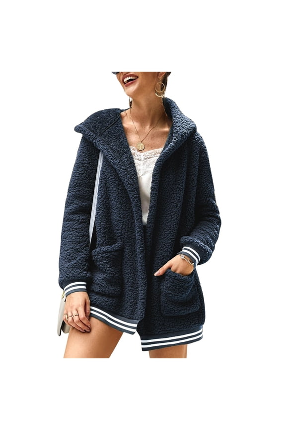 Women Long Sleeve Fuzzy Jacket Winter Long Pocket Design Women Hoed Warm Coat for Party Casual Shopping Royalblue M