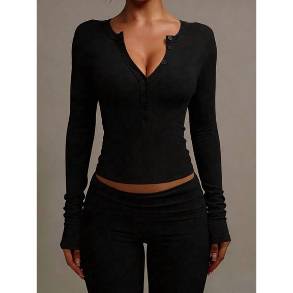 Women Long Sleeve Half Button Henley Top Slim Fitted Casual Basic Going Out Top