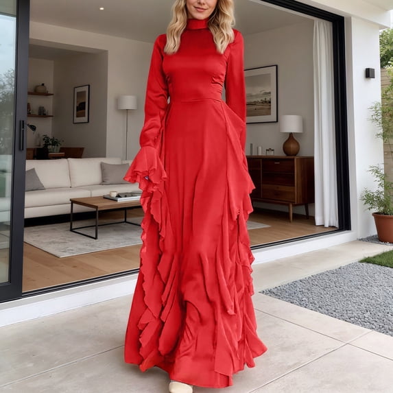 Women Long Sleeve Half Turtleneck Fall Dress Bohemian Relaxed Fit Maxi Flared Tiered Dress (Red XL)