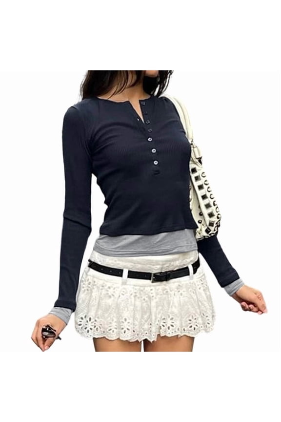 Women Long Sleeve Henley Shirts V Neck Button Tight Slim Fitted Top Going Out Navy Blue M