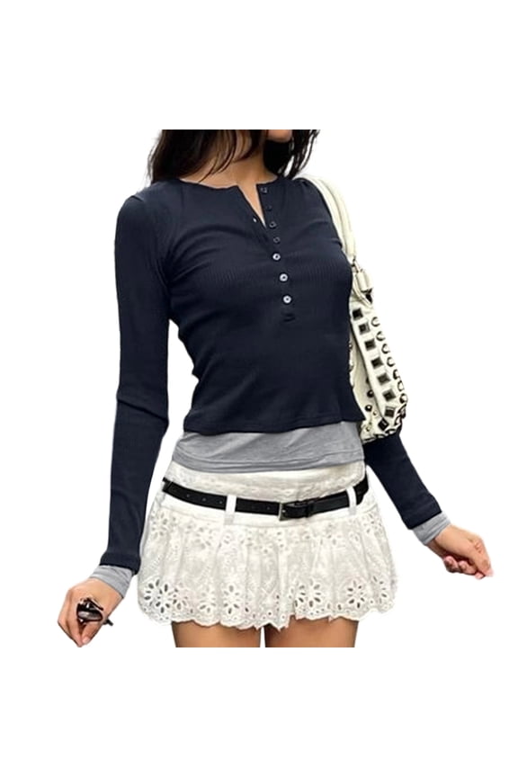 Women Long Sleeve Henley Shirts V Neck Button Tight Slim Fitted Top Going Out Navy Blue S