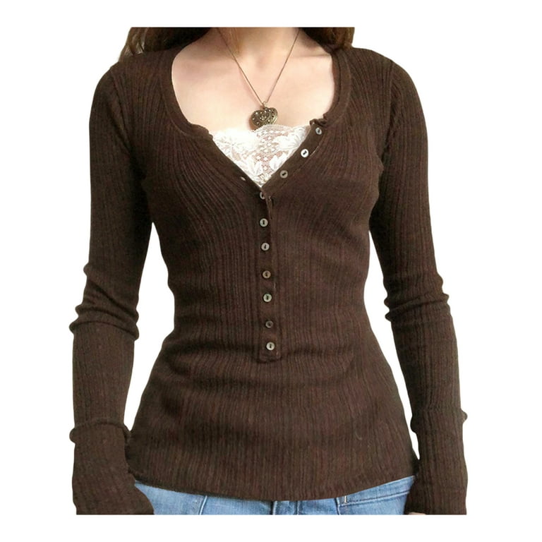 Women Long Sleeve Henley Top Casual Ribbed Waffle Knit Button Up V