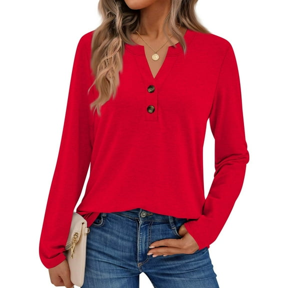 Women Long Sleeve Henley Tops V Neck Business Casual Work Shirts Cute Basic T Shirts Fall Trendy Clothes