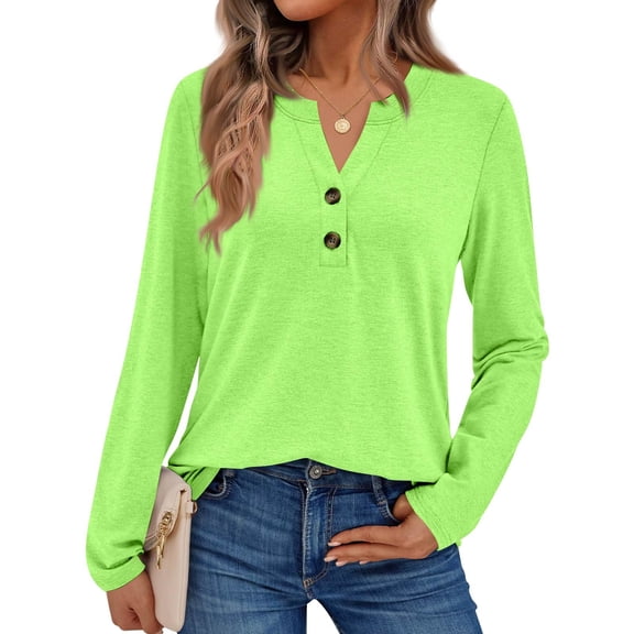 Women Long Sleeve Henley Tops V Neck Business Casual Work Shirts Cute Basic T Shirts Fall Trendy Clothes