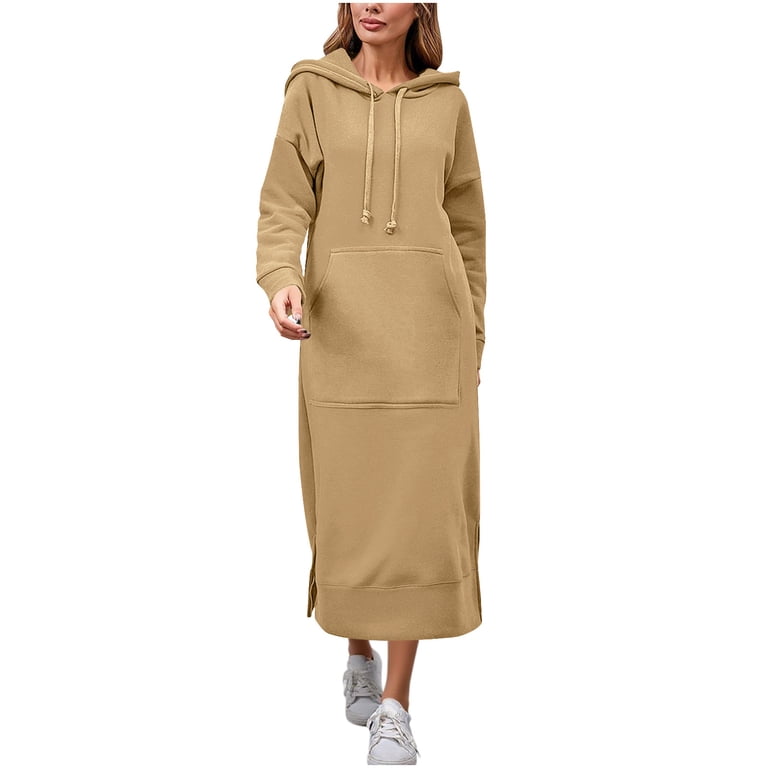 hoodie dress maxi length Hvyesh Women Sweatshirt Dresses Long Sleeve Drawstring Hooded Long Dress  Classy Plus Size Soild Split Maxi Dress Spring Fall Long Sweatshirt with  Kangaroo Pocket
