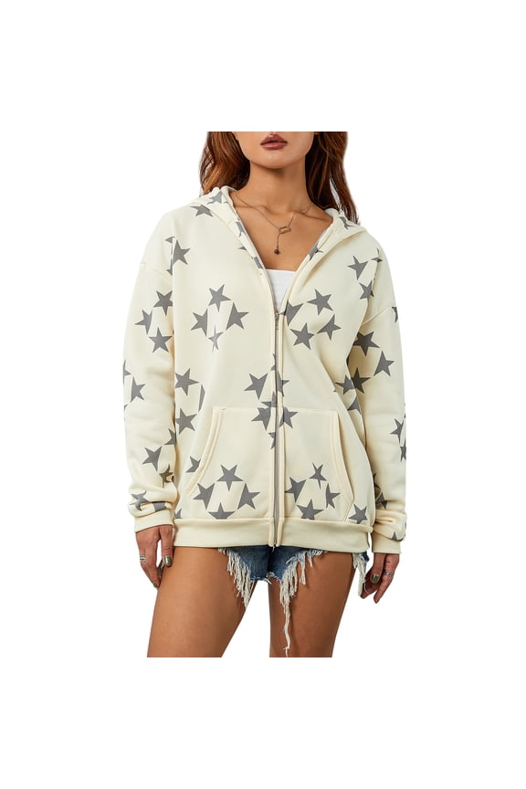 Women Long Sleeve Hoodie Jacket, Star Pattern Vintage Streetwear Zipper Down Clothes