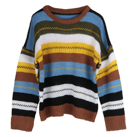 Women Long Sleeve Knit Loose Sweater O-Neck Contrast Colored Striped Jumper Top