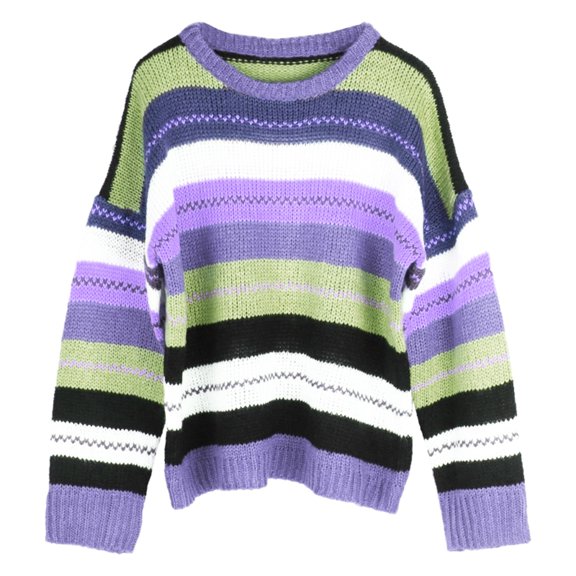 Women Long Sleeve Knit Loose Sweater O-Neck Contrast Colored Striped Jumper Top