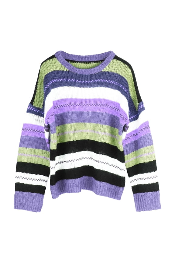 Women Long Sleeve Knit Loose Sweater O-Neck Contrast Colored Striped Jumper Top