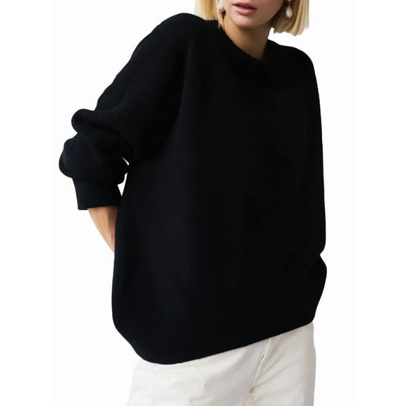 Women Long Sleeve Knit Sweater Jumper O Neck Tops Pullovers Casual Loose Sweater Black One Size