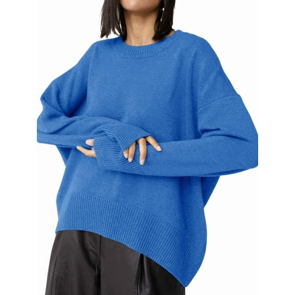 Women Long Sleeve Knit Sweater Jumper O Neck Tops Pullovers Casual Loose Sweater Blue One Size