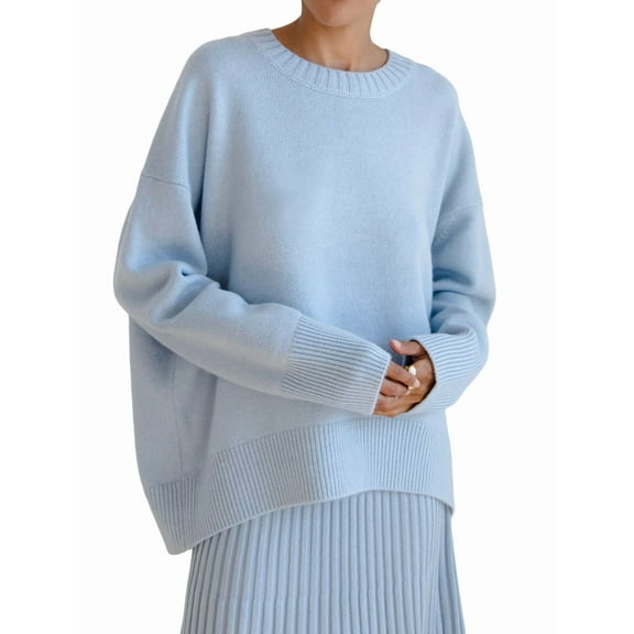 Women Long Sleeve Knit Sweater Jumper O Neck Tops Pullovers Casual Loose Sweater Light Blue One Size