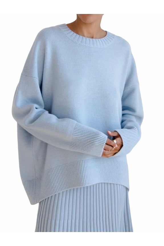 Women Long Sleeve Knit Sweater Jumper O Neck Tops Pullovers Casual Loose Sweater Light Blue One Size