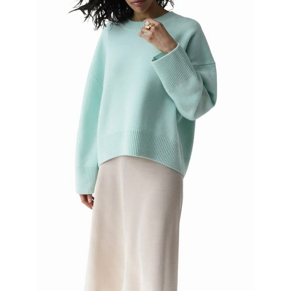 Women Long Sleeve Knit Sweater Jumper O Neck Tops Pullovers Casual Loose Sweater Light Green One Size