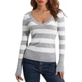 thumbnail image 1 of Women Long Sleeve Knit Tops Casual V-neck Striped Pullover Shirt Blouse for Club Streetwear, 1 of 10