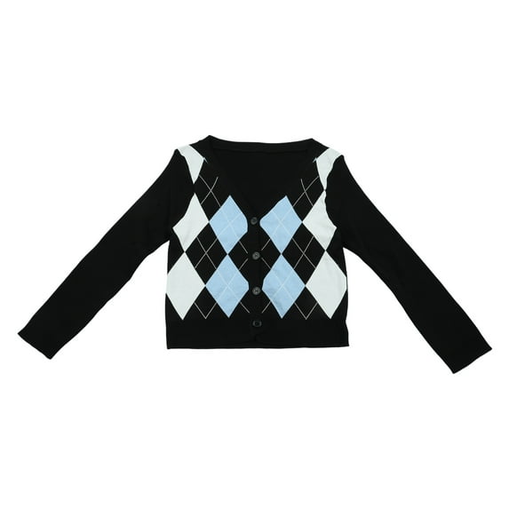 Women Long Sleeve Knitted Cardigan Preppy Style Vintage Argyle Plaid Sweater Coat Button Down Slim Crop Top Outwear
