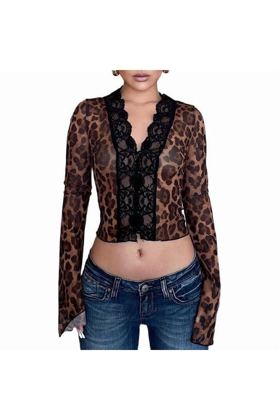 Women Long Sleeve Lace Tops for Women Deep V Neck Button Up Open Front Going Out Slim Fit Shirt Leopard Print L
