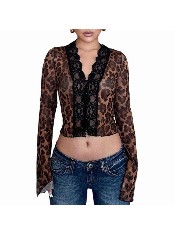 Women Long Sleeve Lace Tops for Women Deep V Neck Button Up Open Front Going Out Slim Fit Shirt Leopard Print M