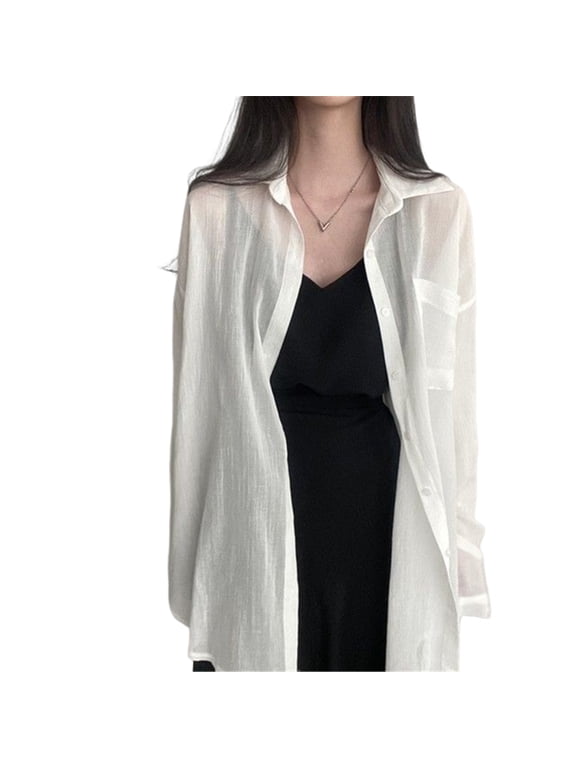 Women Long Sleeve Lapel Collar Button Up Chiffon Sheer Blouses Drop Shoulder Boyfriend Oversized Loose Shirt with Pocket