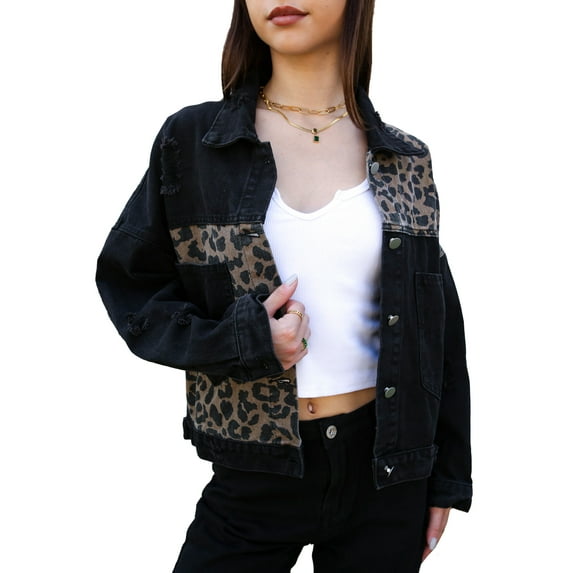 Women Long Sleeve Leopard Print Colorblock Denim Jacket Distressed Boyfriend Outerwear, Black, Medium