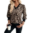 thumbnail image 1 of Women Long Sleeve Leopard Print Tops with Button Cuffs Dressy Casual V Neck Summer Outfits Early Fall Clothes Khaki S, 1 of 7