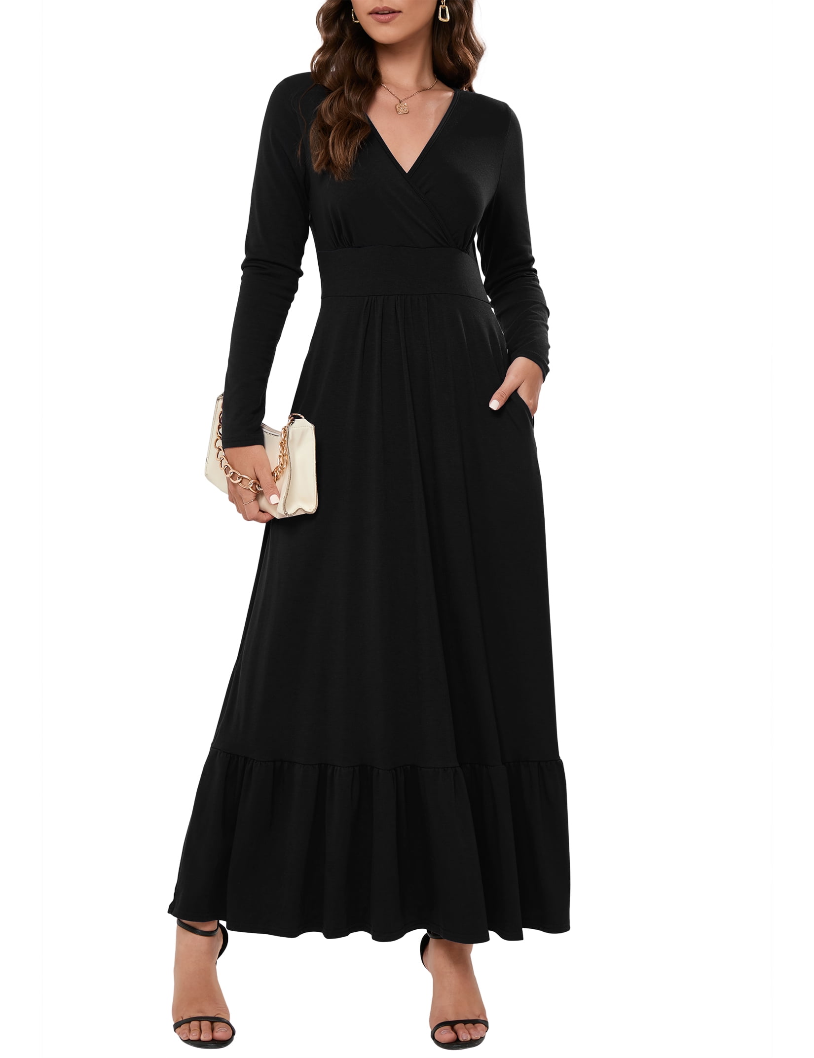 Women Long Sleeve Loose Plain Evening Maxi Dress Casual Long Dresses with  Pockets