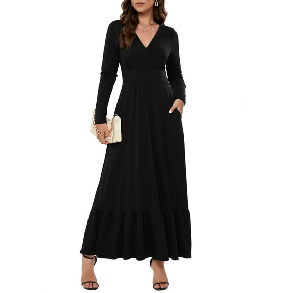 Women Long Sleeve Loose Plain Evening Maxi Dress Casual Long Dresses with Pockets