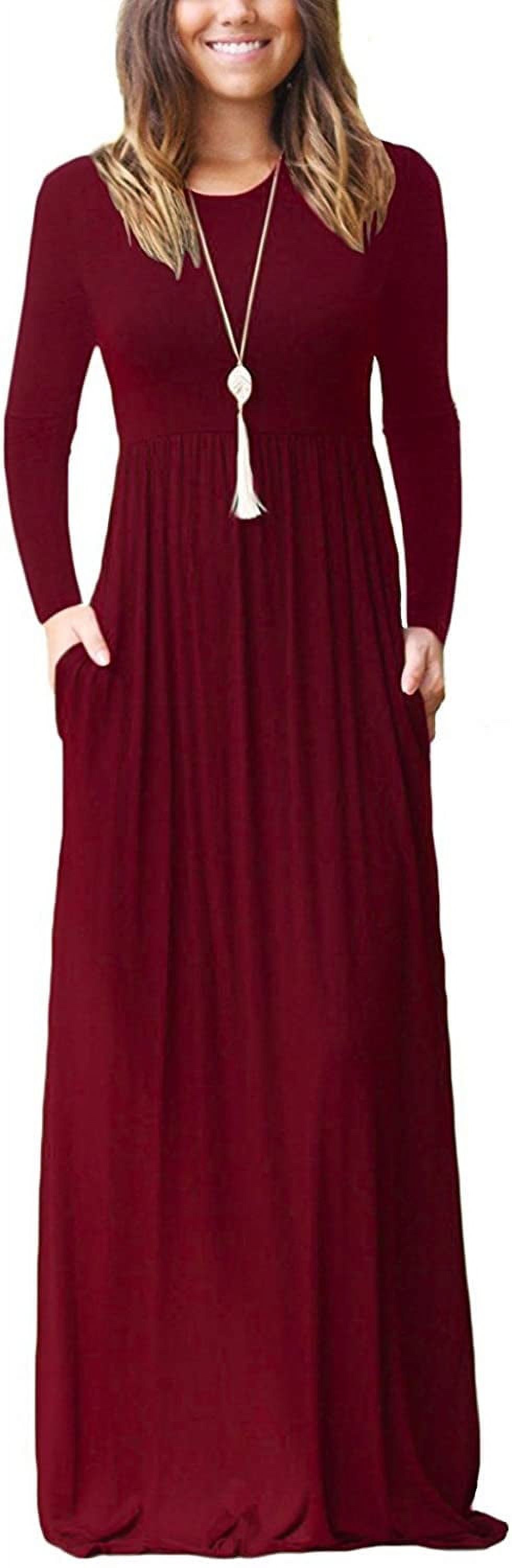 Women Long Sleeve Loose Plain Maxi Pockets Dresses Casual Long Dresses