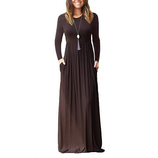 Women Long Sleeve Loose Plain Maxi Pockets Dresses Casual Long Dresses