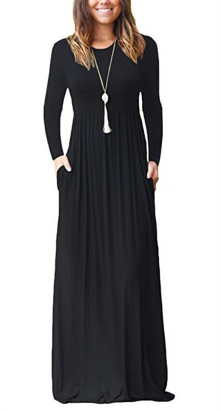 Women Long Sleeve Loose Plain Maxi Pockets Dresses Casual Long Dresses ...
