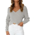 thumbnail image 1 of Women Long Sleeve Low Cut Sexy Knitted Wrap V Neck Cross Front Sweater Pullover, 1 of 6