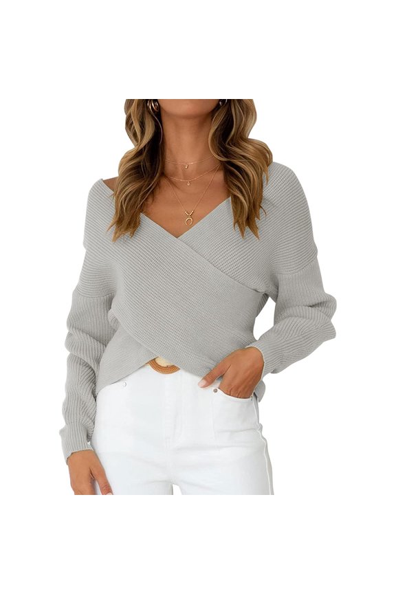 Women Long Sleeve Low Cut Sexy Knitted Wrap V Neck Cross Front Sweater Pullover