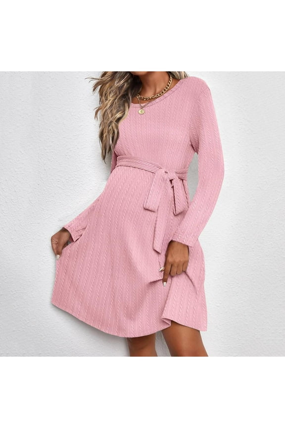 Women Long Sleeve Maternity Dress Ribbed Knit Pregnancy Midi Dresses Ruch Side Stretchy Pregnancy Clothes S-XXL Pink XL