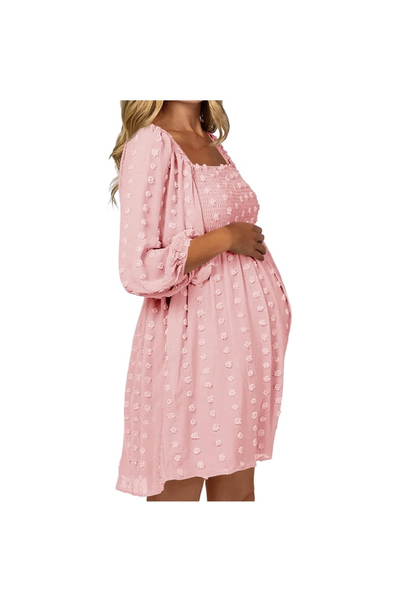 Women Long Sleeve Maternity Dress Square Neck Swiss Dot Casual Loose Short Dresses