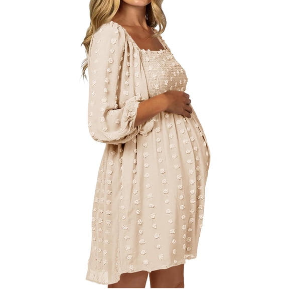 Women Long Sleeve Maternity Dress Square Neck Swiss Dot Casual Loose Short Dresses