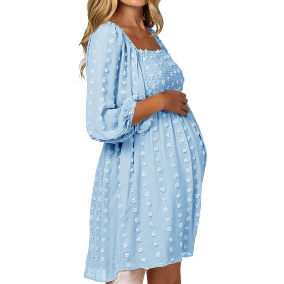 Women Long Sleeve Maternity Dress Square Neck Swiss Dot Casual Loose Short Dresses